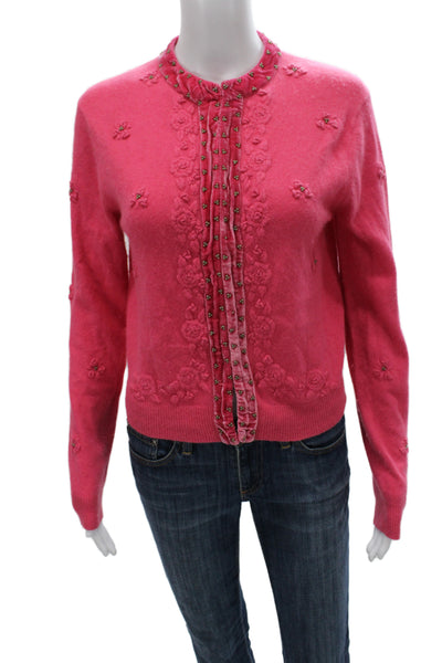 Cabi Women Pink Floral Pullover Sweater Crew Neck Long Sleeve Angora Size M