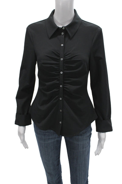 Cinq à Sept Women Black Collared Button Up Cotton Blouse Long Sleeve Size S