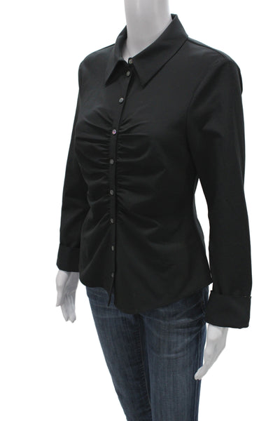 Cinq à Sept Women Black Collared Button Up Cotton Blouse Long Sleeve Size S