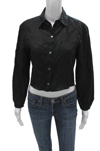 Theory Women Cropped Button-Up Cotton Collared Long Sleeve Black Size S