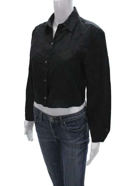 Theory Women Cropped Button-Up Cotton Collared Long Sleeve Black Size S