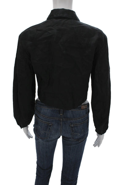 Theory Women Cropped Button-Up Cotton Collared Long Sleeve Black Size S