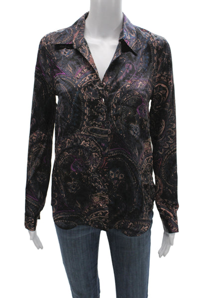 L'Agence Women Collared Paisley Silk Blouse Long Sleeve Black Size XS