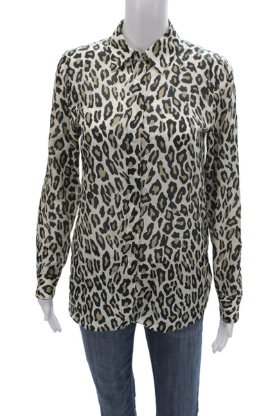 Theory Womens Silk Leopard Collared Button Up Blouse Beige Petite Size S