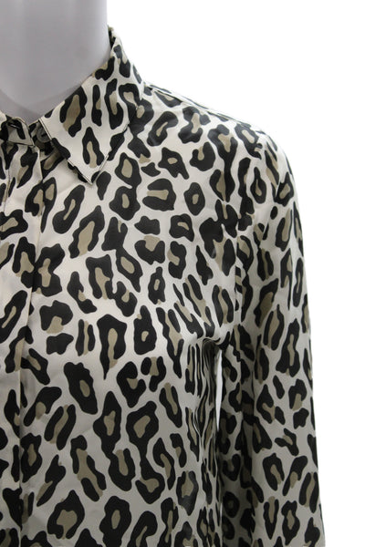 Theory Womens Silk Leopard Collared Button Up Blouse Beige Petite Size S