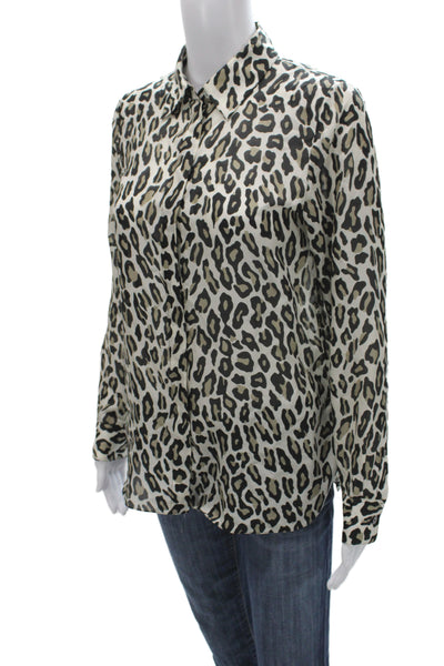 Theory Womens Silk Leopard Collared Button Up Blouse Beige Petite Size S