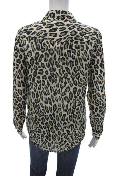 Theory Womens Silk Leopard Collared Button Up Blouse Beige Petite Size S