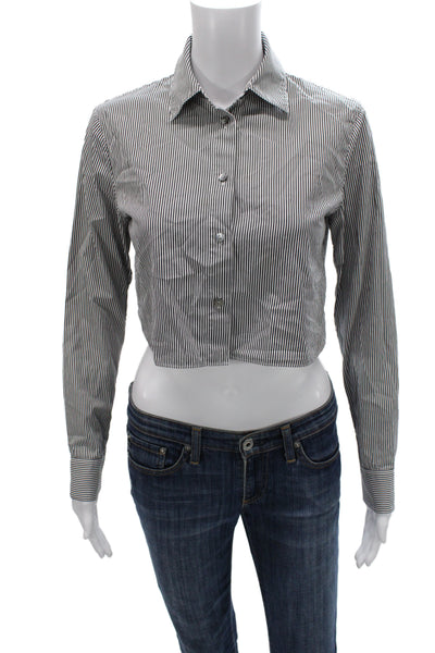 Theory Womens Cropped Striped Cotton Button Up Collared Long Sleeve Top Size S