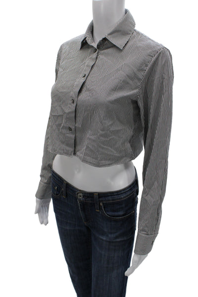 Theory Womens Cropped Striped Cotton Button Up Collared Long Sleeve Top Size S