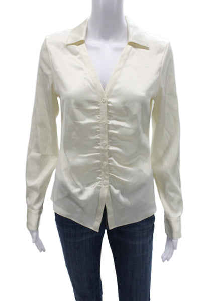 Theory Women Silk Collared Button Up Blouse Long Sleeve Beige Size S