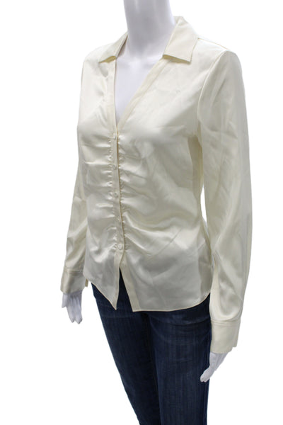 Theory Women Silk Collared Button Up Blouse Long Sleeve Beige Size S