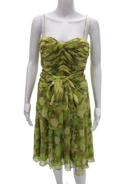 Chetta B Women Green Silk Floral Sundress Mini Sleeveless Size 4