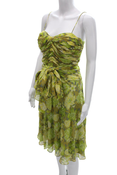 Chetta B Women Green Silk Floral Sundress Mini Sleeveless Size 4