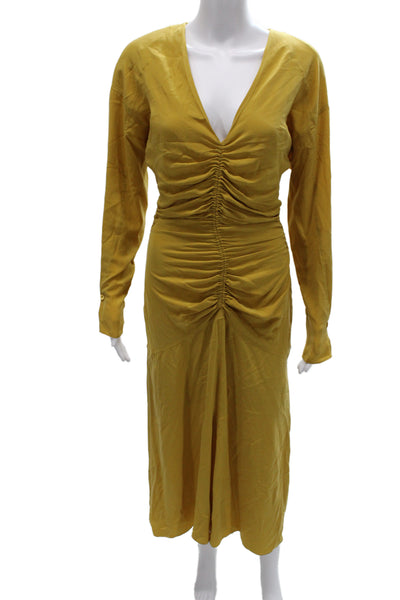 Equipment Femme Womens Midi Dress Yellow V-Neck Long Sleeve Button Size 2