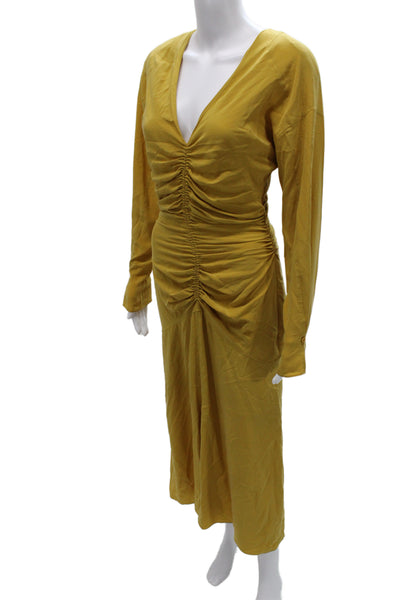 Equipment Femme Womens Midi Dress Yellow V-Neck Long Sleeve Button Size 2