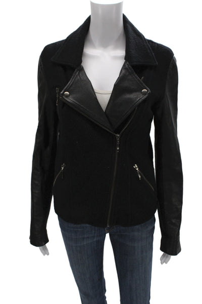Line Womens Biker Motorcycle Leather Wool Jacket Black Collared Size S