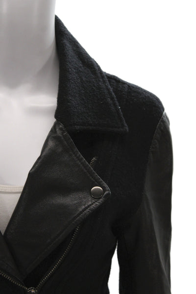 Line Womens Biker Motorcycle Leather Wool Jacket Black Collared Size S