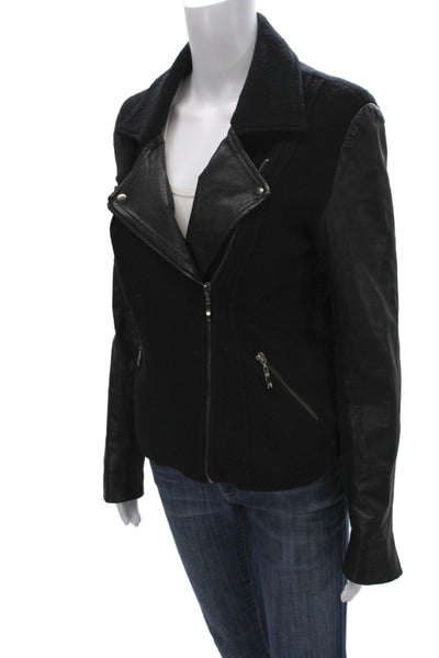 Line Womens Biker Motorcycle Leather Wool Jacket Black Collared Size S