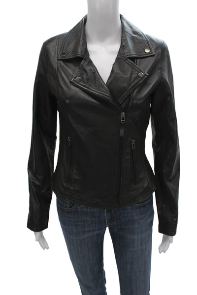 Bod & Christensen Women Biker Leather Motorcycle Jacket Black Snap Size S