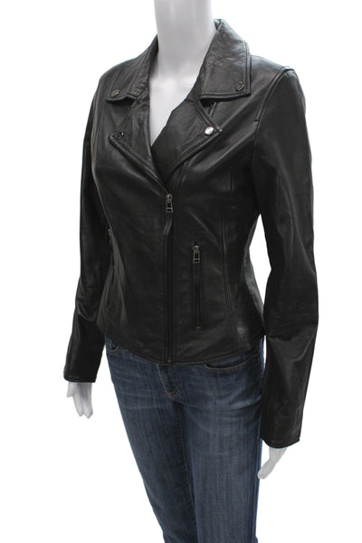 Bod & Christensen Women Biker Leather Motorcycle Jacket Black Snap Size S
