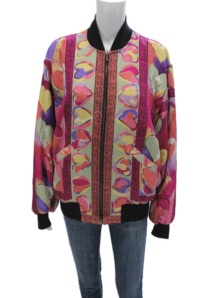 Joseph Womens Bomber Jacket Black 100% Silk Graphic Zip Mock Neck 80s Size M