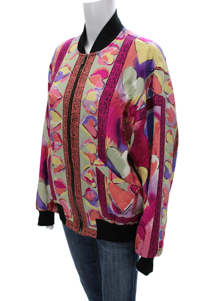Joseph Womens Bomber Jacket Black 100% Silk Graphic Zip Mock Neck 80s Size M