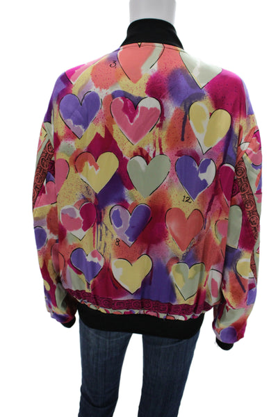 Joseph Womens Bomber Jacket Black 100% Silk Graphic Zip Mock Neck 80s Size M