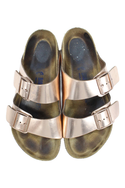 Birkenstock Womens Leather Double Buckle Arizona Sandals Gold Size 37 7 Placehol