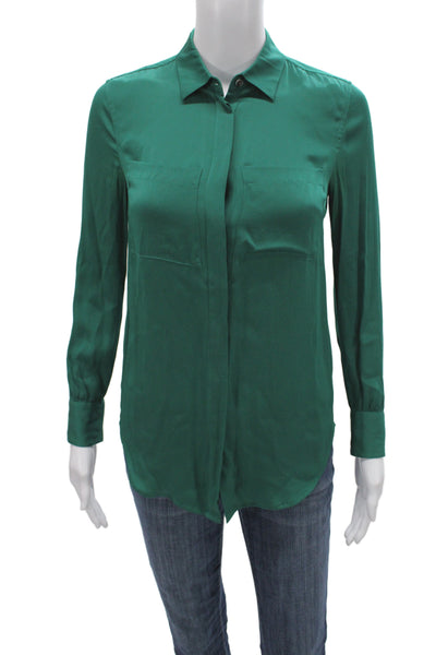 J Crew Womens Silk Button Up Blouse Collared Long Sleeve Green Petite Size 00