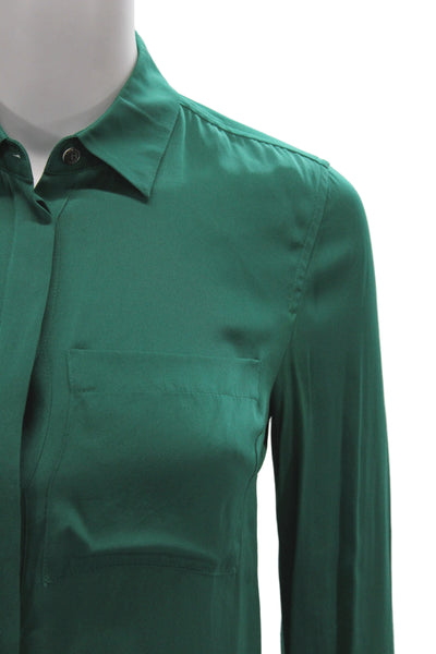 J Crew Womens Silk Button Up Blouse Collared Long Sleeve Green Petite Size 00