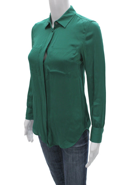 J Crew Womens Silk Button Up Blouse Collared Long Sleeve Green Petite Size 00