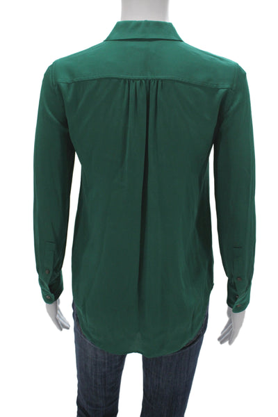 J Crew Womens Silk Button Up Blouse Collared Long Sleeve Green Petite Size 00