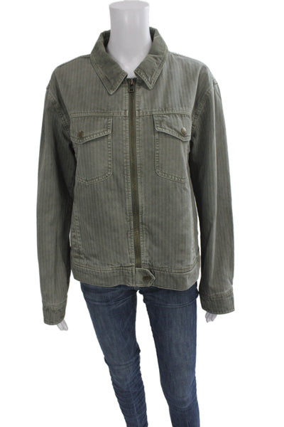 Faherty Unisex Military Jacket Striped Green Cotton Button Long Sleeve Size S