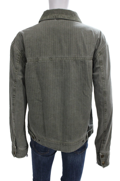 Faherty Unisex Military Jacket Striped Green Cotton Button Long Sleeve Size S