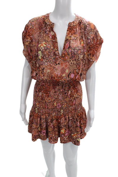 A.L.C. Womens Blouson Mini Dress Brown Paisley V Neck Boho Size 8