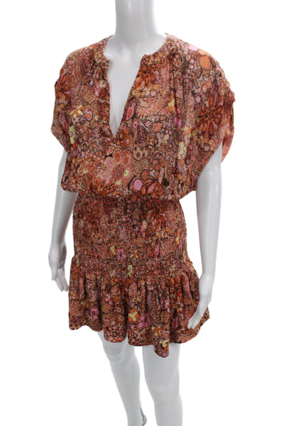 A.L.C. Womens Blouson Mini Dress Brown Paisley V Neck Boho Size 8