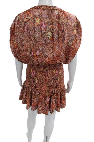A.L.C. Womens Blouson Mini Dress Brown Paisley V Neck Boho Size 8