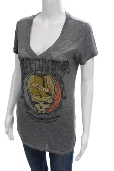 Chaser Women V Neck Graphic Music Jersey T Shirt Gray Short Sleeve Size S