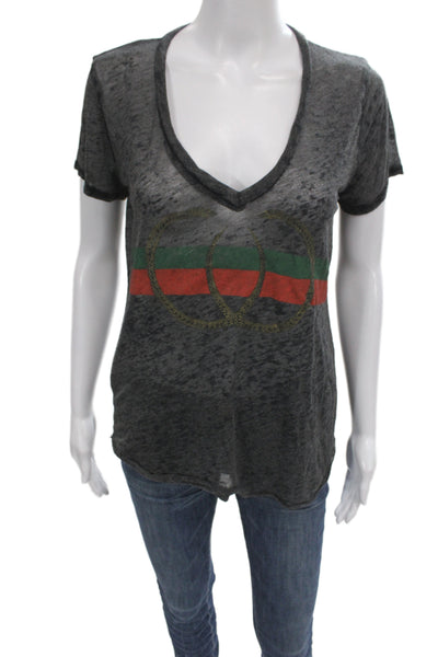 Lauren Moshi Womens Gray Striped V-Neck Cotton Short Sleeve T-Shirt Size XS