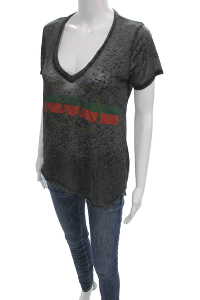 Lauren Moshi Womens Gray Striped V-Neck Cotton Short Sleeve T-Shirt Size XS
