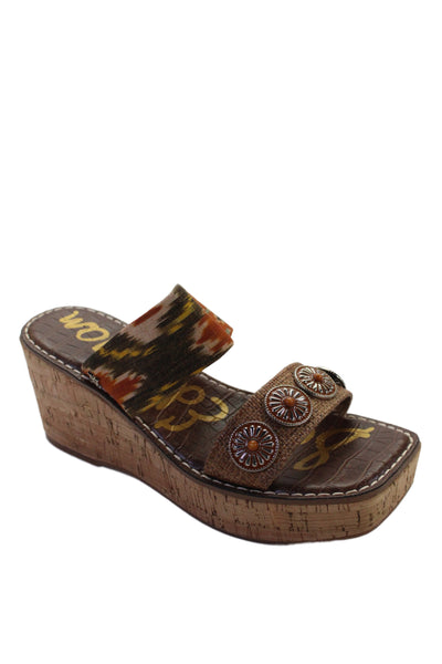 Sam Edelman Womens Ikat Print Cork Platform Abril Wedge Sandals Brown Size 7
