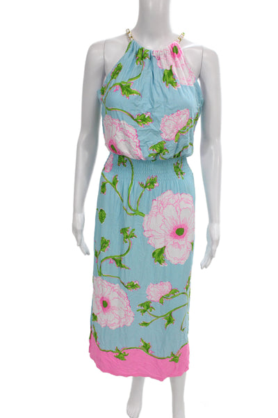 Lilly Pulitzer Women Blouson Maxi Dress Light Blue High Neck Sleeveless Size XS
