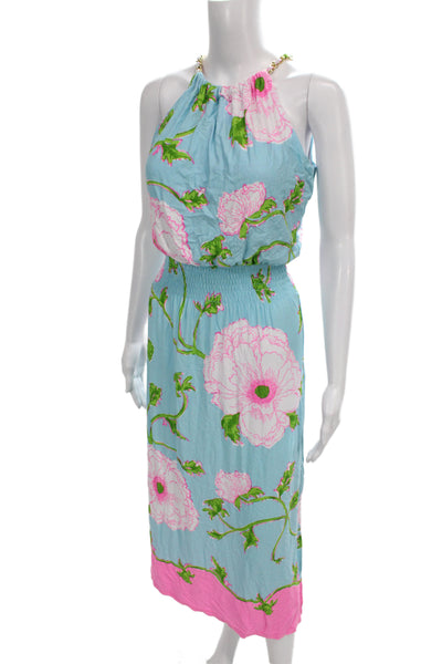 Lilly Pulitzer Women Blouson Maxi Dress Light Blue High Neck Sleeveless Size XS