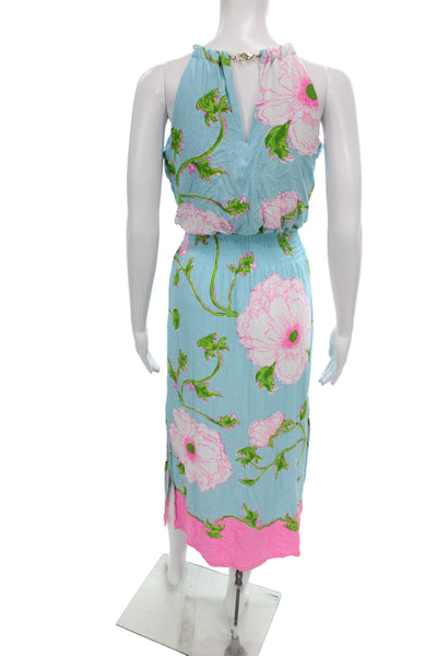 Lilly Pulitzer Women Blouson Maxi Dress Light Blue High Neck Sleeveless Size XS