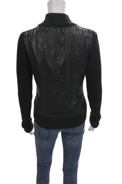 Calvin Klein Women Black Leather Basic Jacket Zip High Neck Long Sleeve Size S
