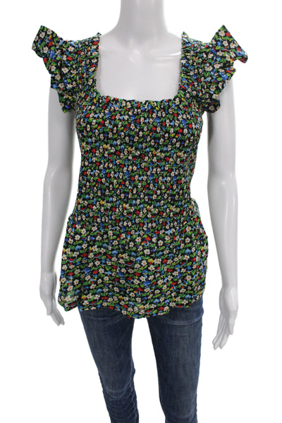 Tuckernuck Womens Smocked Floral Square Neck Blouse Short Sleeve Size 2XL