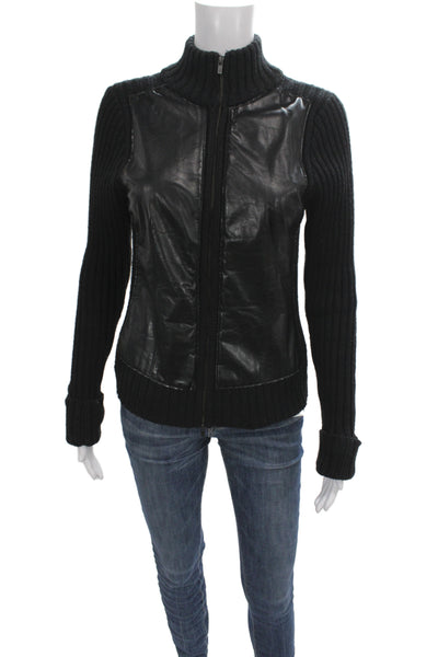 Calvin Klein Women Black Leather Basic Jacket Zip High Neck Long Sleeve Size S