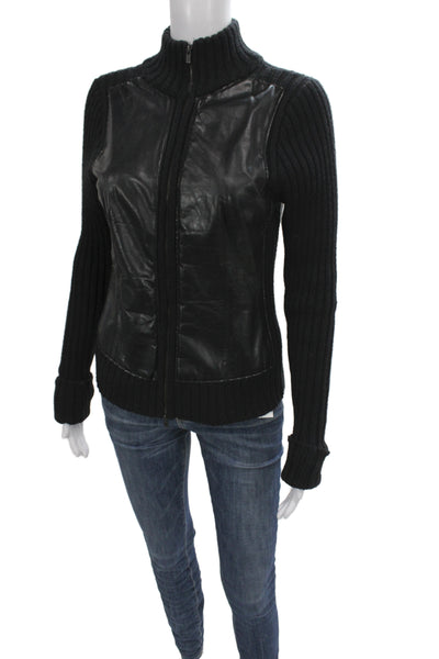 Calvin Klein Women Black Leather Basic Jacket Zip High Neck Long Sleeve Size S