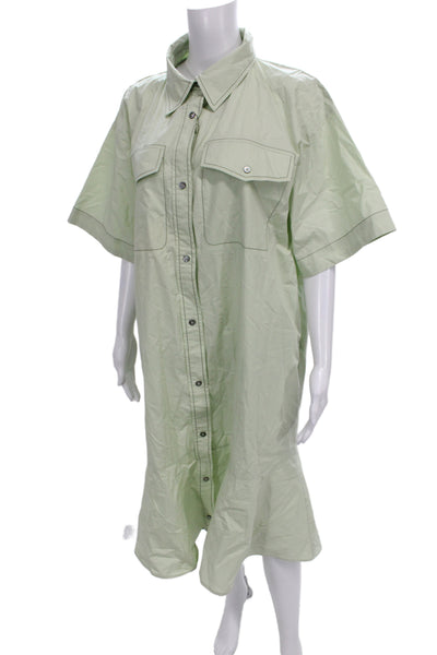 Sea Women Shirt Dress Green Cotton Collared Short Sleeve Midi Size XL