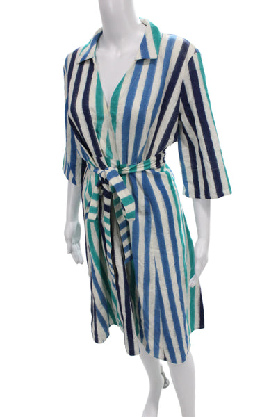 Emporio Sirenuse Positano Women Blue Linen Shirtdress 3/4 Sleeve Midi Size M